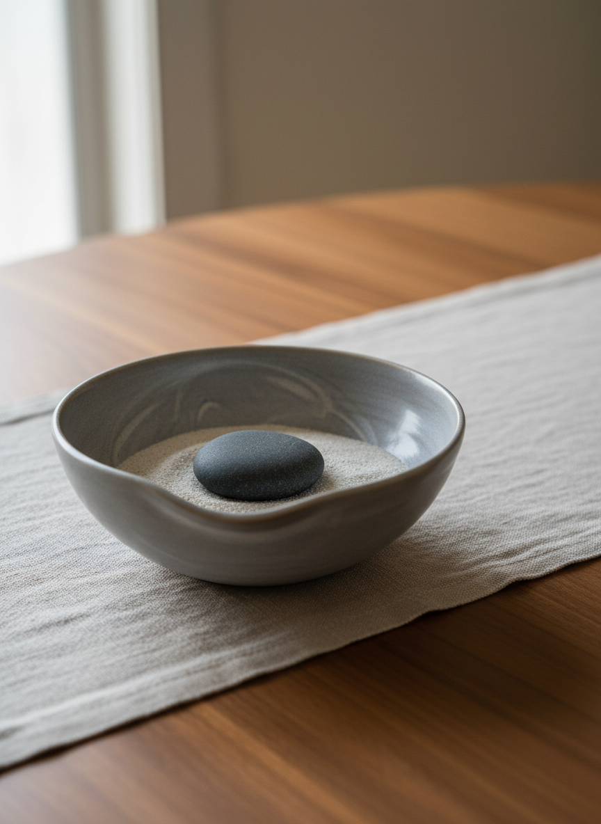 A close-up of a delicate, hand-thrown ceramic bowl finished in a matte dove-gray glaze with faint, swirling patterns. Inside the bowl, a single pebble rests atop fine white sand, symbolizing clarity and mindfulness. The bowl is placed near the edge of a textured linen runner on a walnut table. Soft, indirect light from a nearby window bathes the scene, creating subtle gradients and gentle highlights. The composition features a rule-of-thirds placement for the bowl, with a clean, negative space background, establishing an atmosphere of peaceful introspection. The sophisticated, minimalist photographic style fits the blog's serene, thoughtful mood.