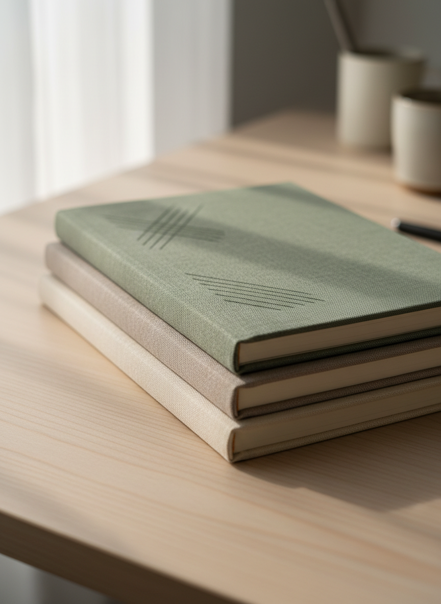 A stack of textured linen notebooks in muted sage, soft gray, and ivory, their spines meticulously aligned. Each cover features embossed, minimalist geometric lines for subtle elegance. The stack rests atop a pale ash wood surface dappled with gentle, diffused morning light streaming through an unseen sheer curtain. The scene is tranquil, with a shallow depth of field that softly blurs the serene background, suggesting a quiet, contemplative environment. Photographed at an eye-level composition, the image evokes calm sophistication, perfectly suiting a blog on introspection and personal growth. The photographic realism, refined color palette, and minimalist elements embody the essence of integrative mental health reflection.